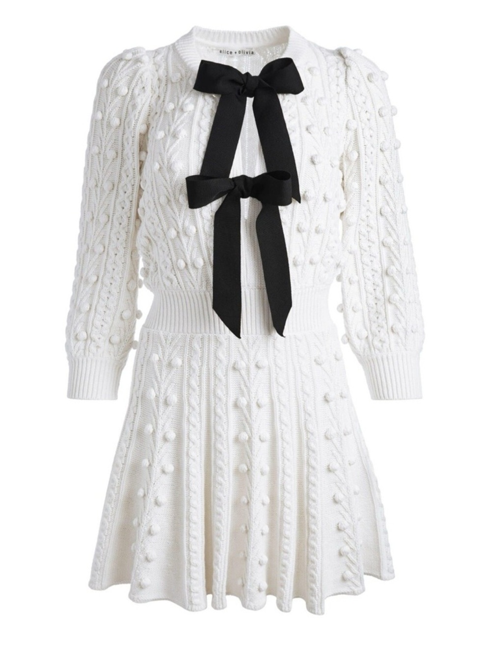 Alice + Olivia Kitty White Knit Dress with Black Ribbon BowsMini dress size S